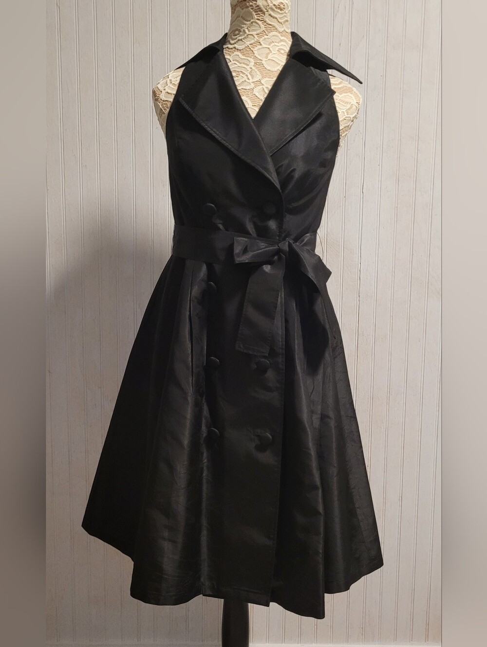 Rickie Freeman Teri Jon Vintage Black 100% Silk Taffeta Double Breasted Dress 4